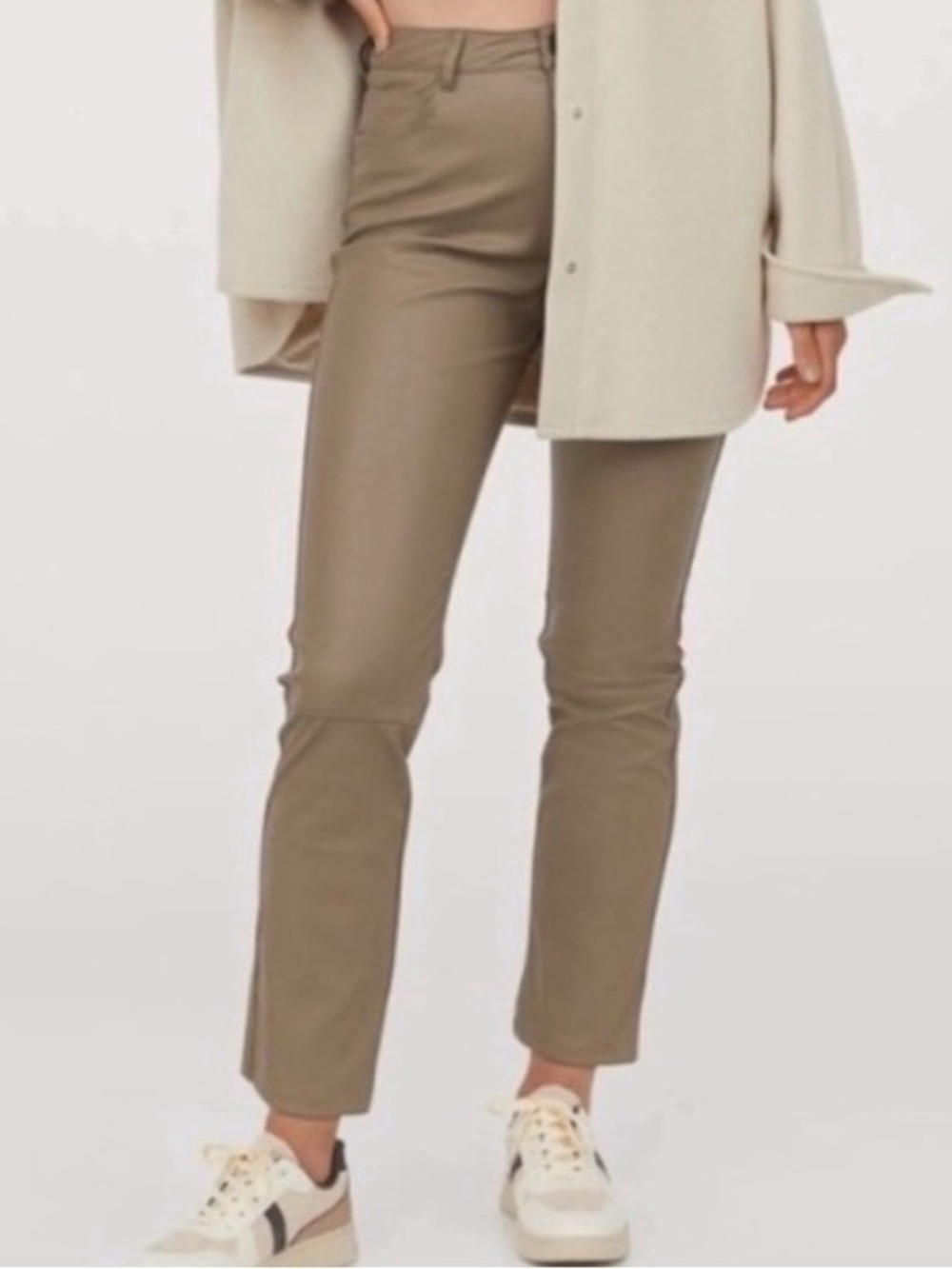 H&M Beige High Rise Faux Leather Ankle Cropped Pants Neutral Minimalist Sz 12